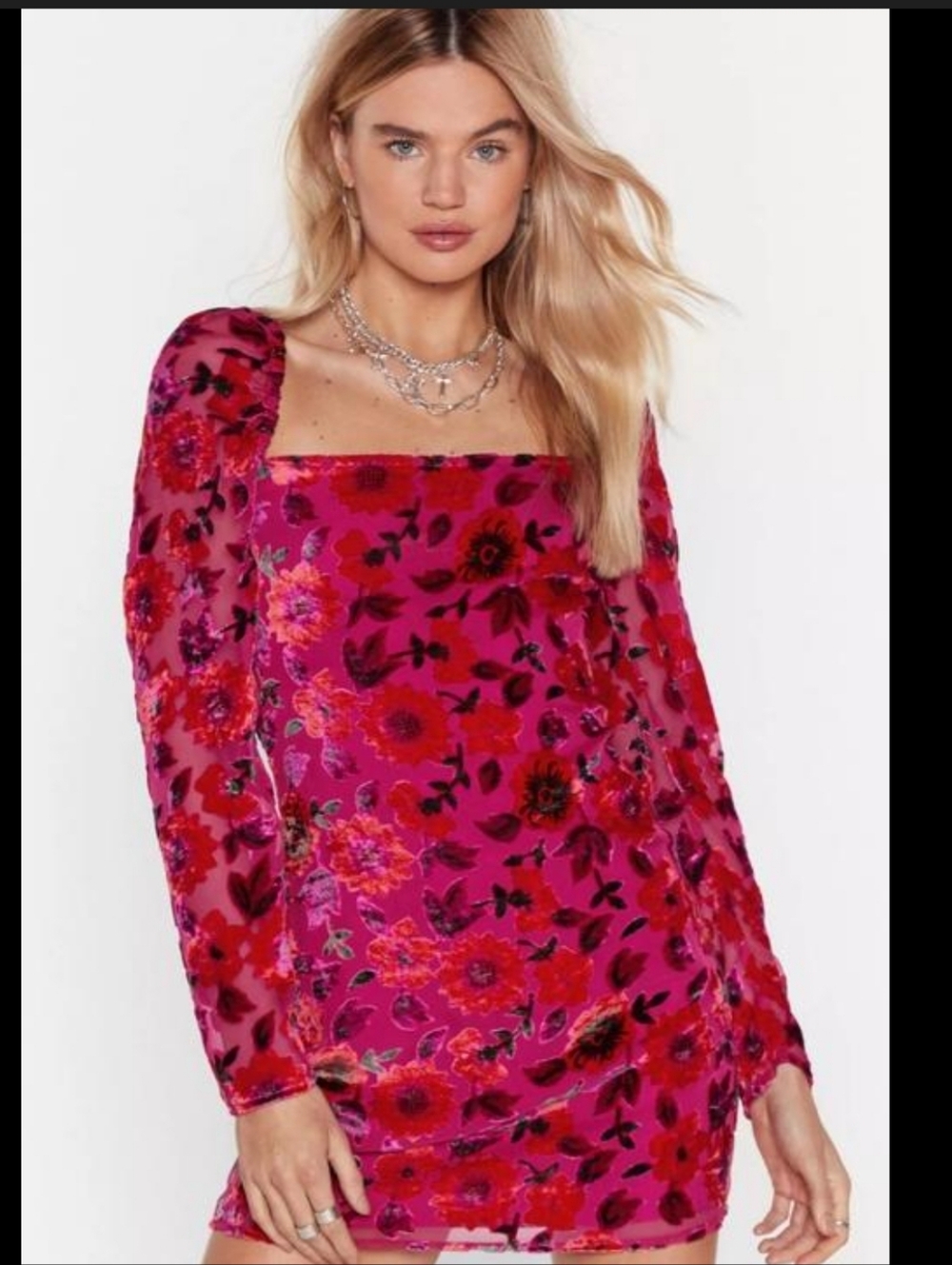 Nasty Gal Pink Floral Velvet Mini Dress US 4